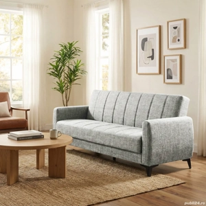 Canapea extensibilă Hilton, 3 locuri, material textil gri melanj, cu ladă depozitare, 210*75*85