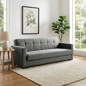 Canapea extensibilă Marbella, 3 locuri, material textil gri, cu ladă depozitare şi arcuri 210*78*78