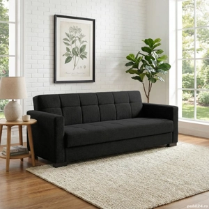Canapea extensibilă Marbella, 3 locuri, material textil negru, cu ladă depozitare, 210*78*78