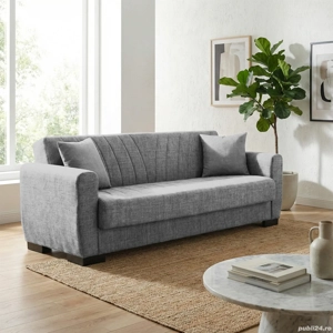Canapea extensibilă Sanem, 3 locuri, material textil gri deschis, cu ladă depozitare, 215*82*80