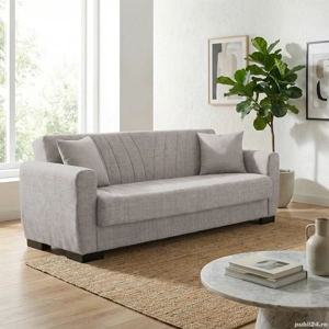 Canapea extensibilă Sanem, 3 locuri, material textil bej nisipiu, cu ladă depozitare, 215*82*80