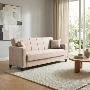 Canapea extensibilă Verton, 3 locuri, material textil bej, cu ladă depozitare şi arcuri 210*78*78