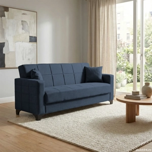 Canapea extensibilă Verton, 3 locuri, material textil bleumarin închis, ladă depozitare, 210*78*78