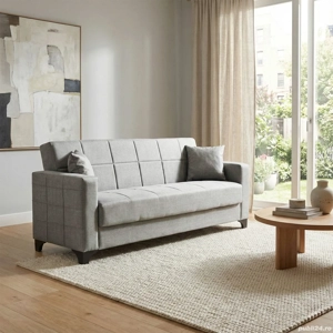 Canapea extensibilă Verton, 3 locuri, material textil gri melanj, cu ladă depozitare, 210*78*78