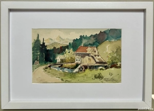 Toader Schipor- Tablou Peisaj Bucovinean de vară, pictura în acuarele înrămată 23x32cm
