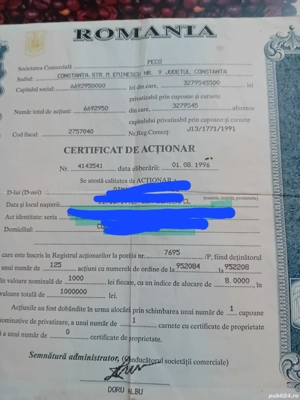 Vând certificat acționar 