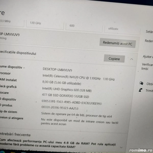 Laptop 14" cu procesor Intel Celeron N4120, 8GB RAM, 512GB SSD, 1920*1080 FHD, Windows 10 Pro, Intel