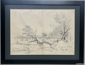 Toader Schipor 1983 - Tablou Peisaj pe Valea Sucevei la Vicov, grafica in creion înrămată 28x37cm