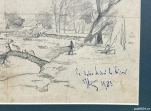 Toader Schipor 1983 - Tablou Peisaj pe Valea Sucevei la Vicov, grafica in creion înrămată 28x37cm - imagine 3