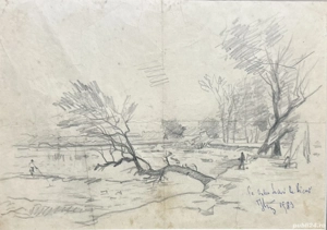 Toader Schipor 1983 - Tablou Peisaj pe Valea Sucevei la Vicov, grafica in creion înrămată 28x37cm - imagine 2