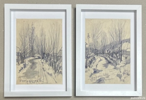 Set 2 Tablouri Toader Schipor, Peisaje bucovinene Iarna pe Pârâu la Vicov , grafica inramata 27x36cm