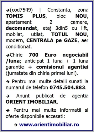 Tomis Plus, decomandat, 2 camere, mobilat, gaze, inchirieri Constanta - imagine 6