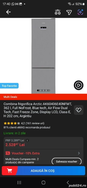 Frigider Combina frigorifica Artic, 362l, H 202 cm, Argintiu, - imagine 3