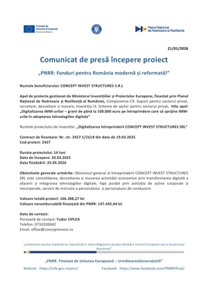 Comunicat de presă începere proiect   PNRR: Fonduri pentru România modernă și reformată!  