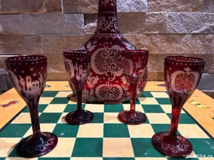 Set de Colecție Cristal Roșu Rubiniu   Carafă Stil Egermann și 4 Pahare Asortate   Vintage