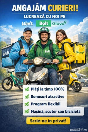 Curier Bolt ,Wolt Castiguri 2000- 9000 RON Lunar,  Program Flexibil