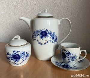 Set Porțelan Artizanal Cluj   Cobalt & Aur Veritabil   6 Cești cu Farfurioare + Cafetieră + Zaharniț