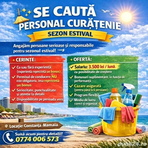Se caută personal pentru curatenie pentru Sezon, oferim 3500 LEI Salariu - Posturi Limitate