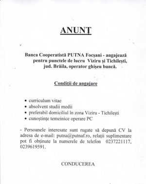 Operator ghiseu banca Viziru si Tichilesti