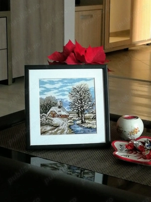 Goblen lucrat manual, peisaj de iarnă, înrămat