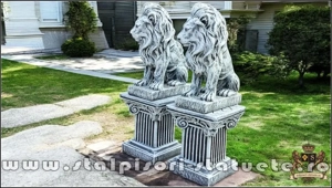 Set statuete leu cu socluri, gri patinat, model S46-S64. - imagine 3