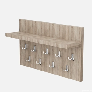 Cuier de perete cu 9 agatatori si polita, 70x40cm, sonoma