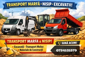 Transport nisip, sort, piatra, pământ, moloz, etc  