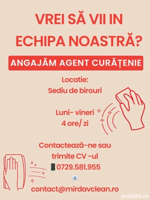 Angajam agent curatenie - locatie: sediu de birouri( Bucuresti)