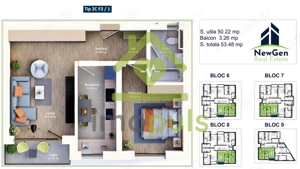  Apartament cu 2 camere, 50,22 mp + balcon 3,26 mp .COMISION 0%✨