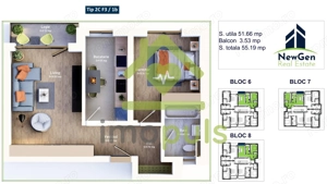  Apartament cu 2 camere, 51,66 mp + balcon 3,53 mp .COMISION 0%✨