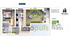  Apartament cu 2 camere, 52,73 mp + balcon 5,61 mp .COMISION 0%✨