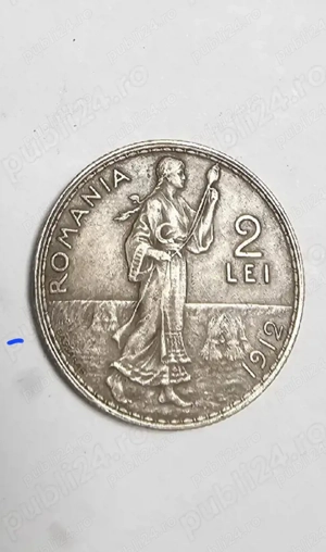 Moneda 2 LEI 1912   Carol I (argint) Inscripție:  ROMANIA   2 LEI   1912 