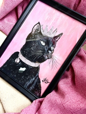 Tablou pictura Elegant Black Cat - The Queen Cat - Pink Background