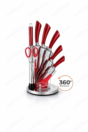 Set cutite bucatarie Royalty Line 8 piese rosu cu suport rotativ