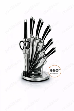 Set cutite bucatarie Royalty Line 8 piese negru cu suport rotativ