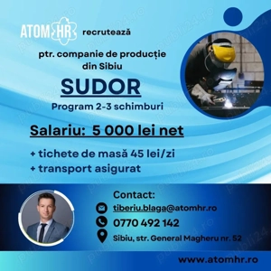 Atom HR angajează Sudori pentru companie de producție din Sibiu.