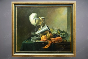 Superb tablou cu Cupă Nautilius   ulei pe pânză Scoala Olandeza Sec. XX