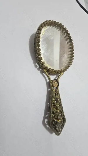 Oglindă de mână veche Art Nouveau   filigran metalic   piesă de epocă, cca 1900