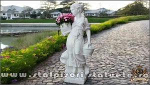 Statuetă fata cu coșulețe, alb marmorat, model S23.