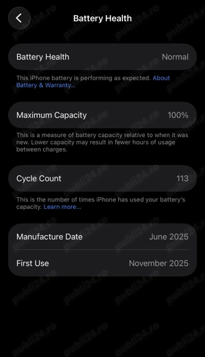 iPhone 16 PRO 100% sănătatea bateriei ,115 cicluri de încărcare
