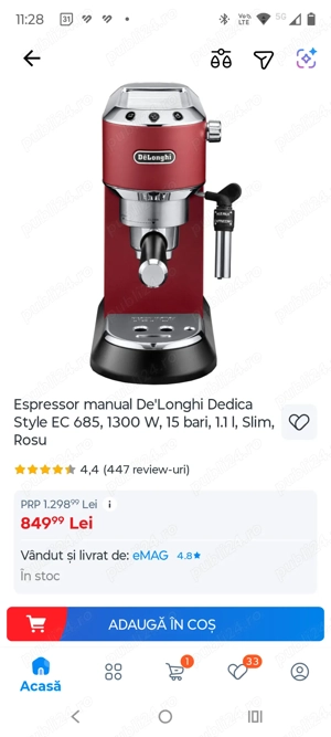 Expresor manual De'Longhi Dedica rosu