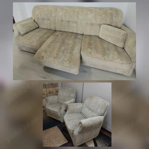 Set canapea și 2 fotolii pe cadru de lemn și metal