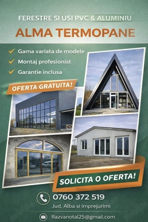 Alma Termopane executa lucrari de tamplarie PVC si aluminiu pentru case, spatii comerciale si hale. 