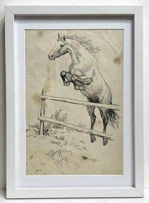 Toader Schipor 1954 Tablou Peisaj cu Cal Armăsar în Săritură grafică în tuș înrămată 23x32cm
