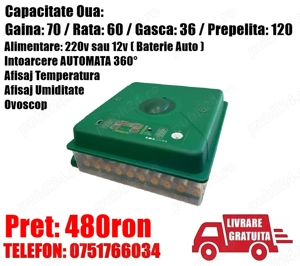 Incubator Clocitoare 70 Oua Gaina Rata Gasca Prepelite Pui Dispozitiv Intoarcere Automata Ovoscop Li