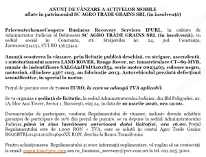 Anunt de Vanzare a Activelor Mobile  aflate în patrimoniul SC Agro Trade Grains SRL (în insolvență)