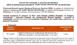 Anunt de Vanzare a Activelor Imobile  aflate în patrimoniul societăţii SC Agro Trade Grains SRL