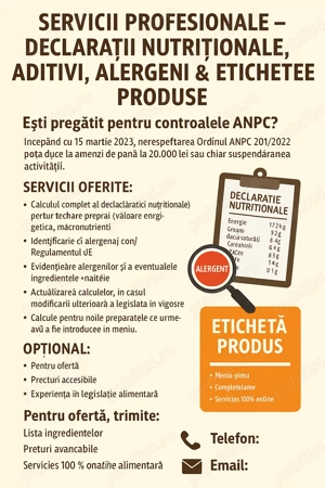 Declarații nutriționale, aditivi, alergeni, etichete   servicii profesionale