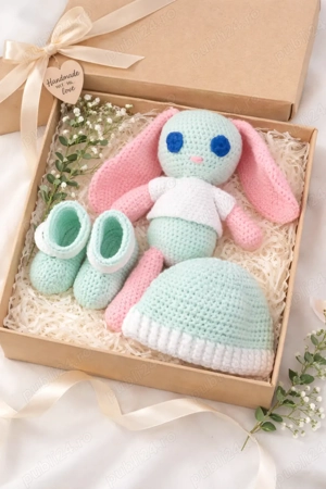 Set cadou handmade pentru bebeluși 0-3 luni  iepuraș croșetat, căciuliță și botosei