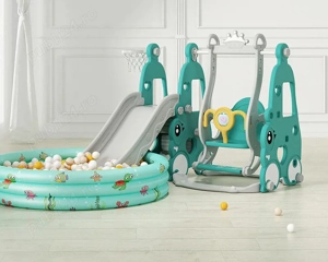 Ansamblu de joaca Kinderplay, cu leagan, tobogan, piscina cu bile, cos baschet